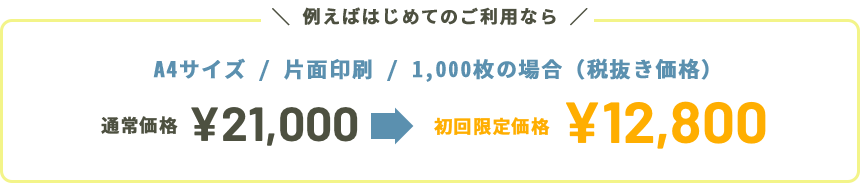 例えば初めてのご利用なら、A4サイズ/片面印刷/1,000枚（税抜き価格） 通常価格¥21,000→¥12,800